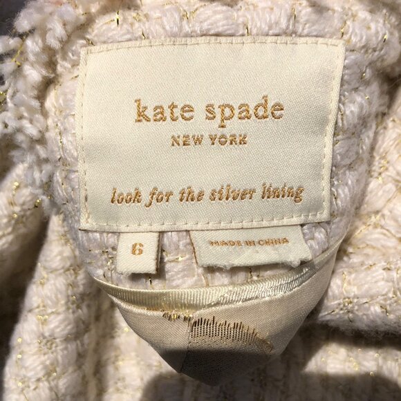 Kate Spade 6 Wool Silk Metallic Blazer Jacket Coat Top Cream White Button Gold - Picture 8 of 9